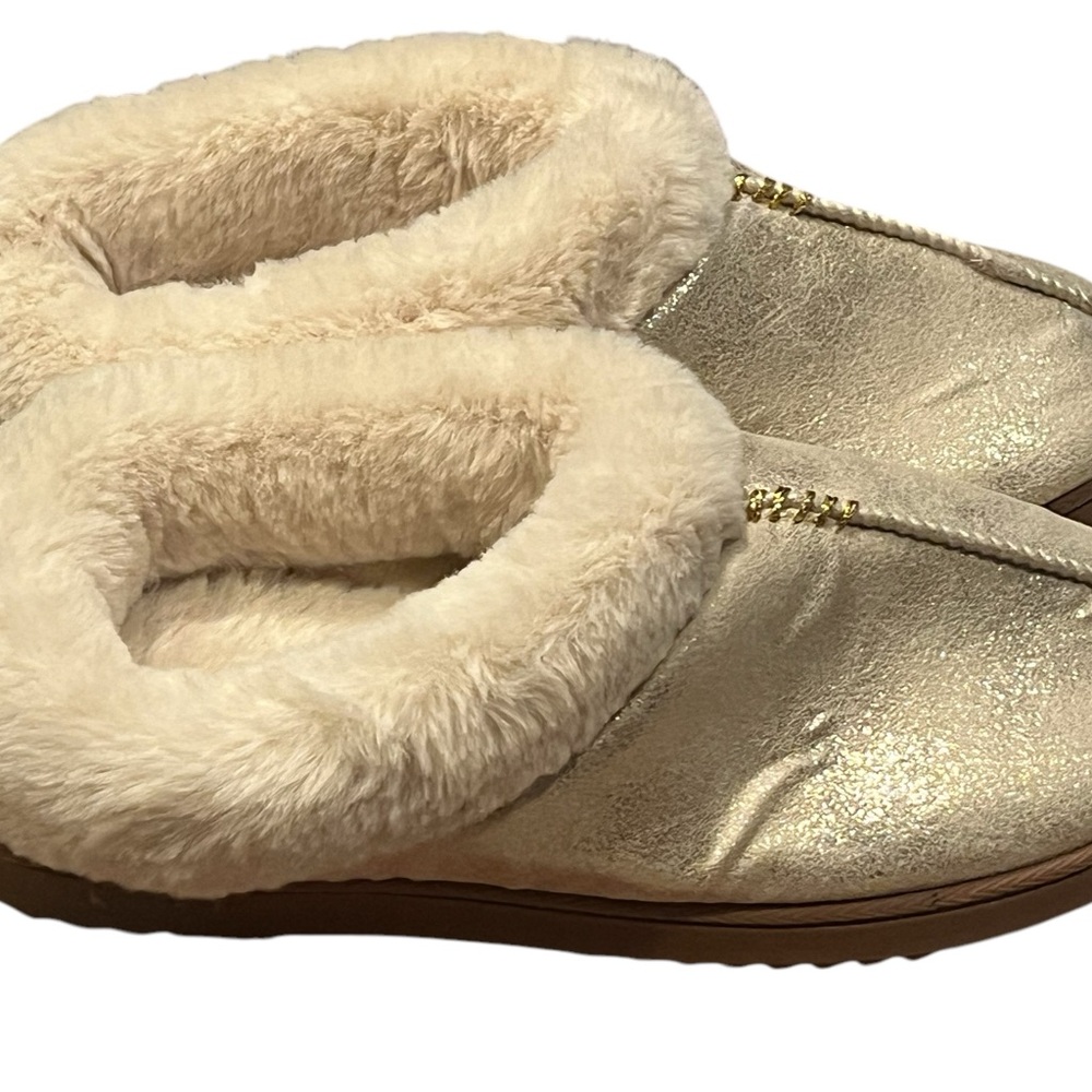 Silver and Gold Shimmer Faux Fur Cuff Clog Slippers Women’s
